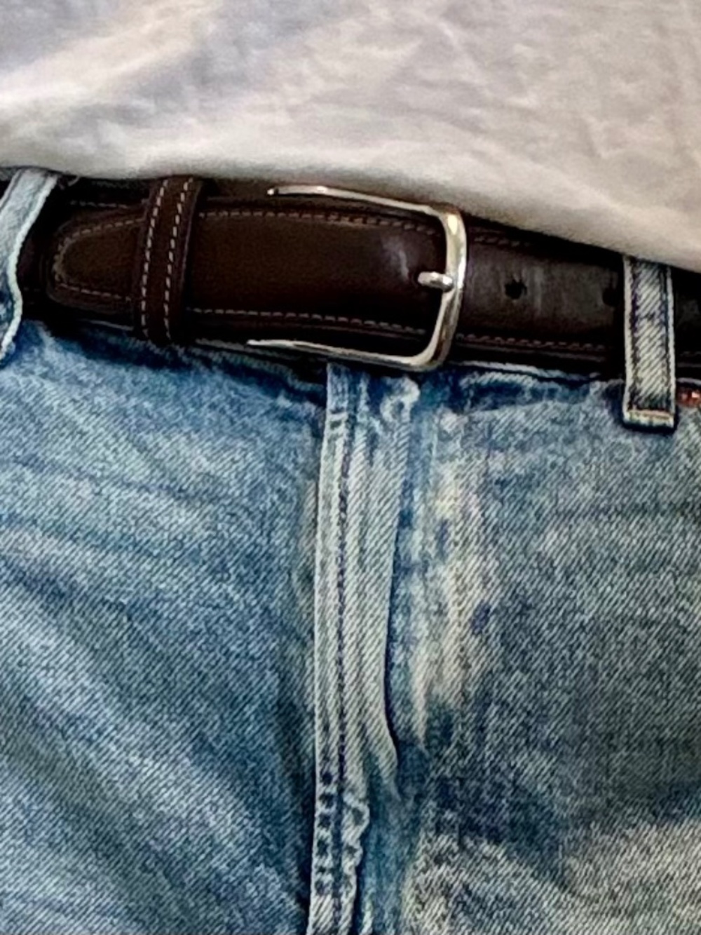 Massimo Dutti Dark Brown Leather Belt Silver Buckle Stitch Detail